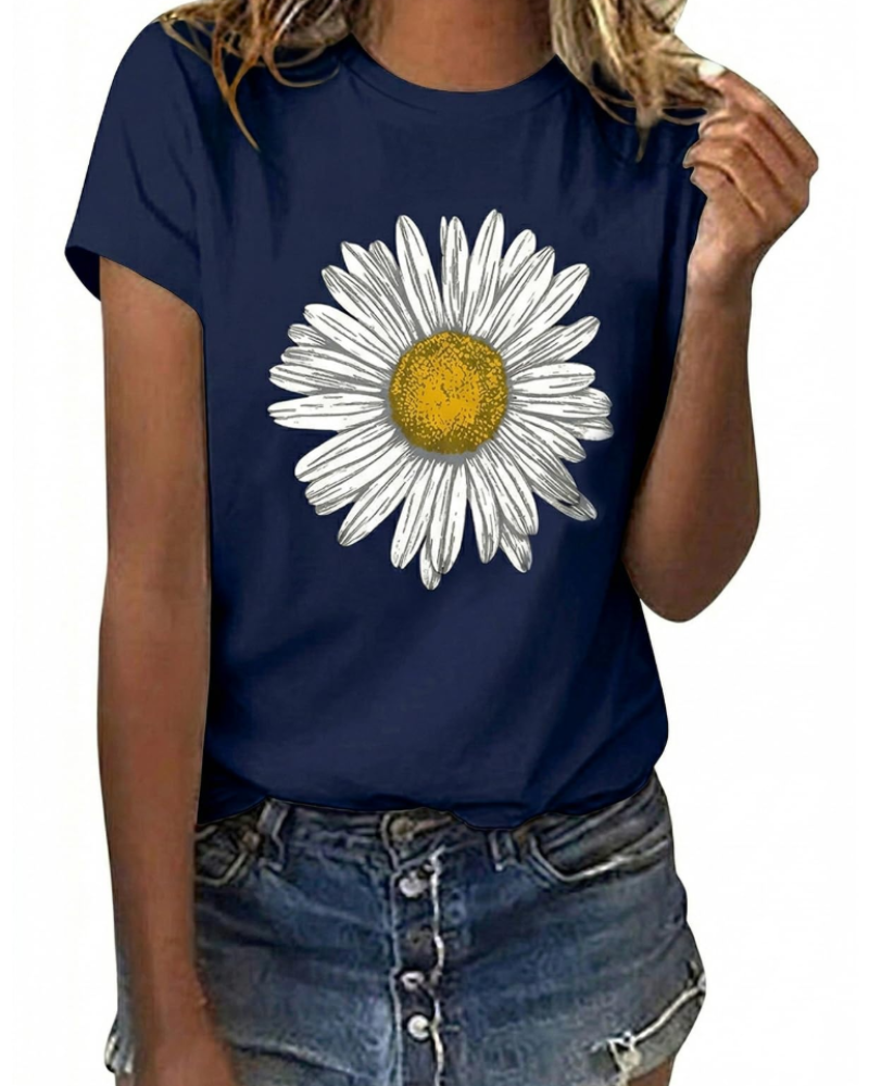 Emily Women's Cotton Graphic T-Shirt – Sunflower Daisy Crew Neck Tee for Summer