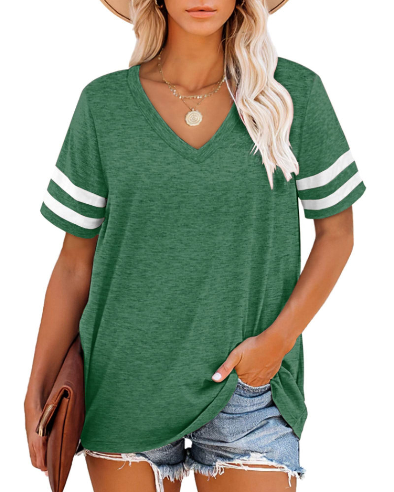Chloe Women's V-Neck T-Shirt – Striped Short Sleeve Top for Casual Summer Wear