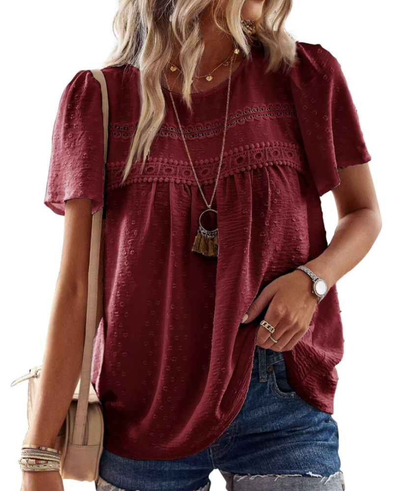 Grace Women's Boho Blouse – Lace Short Sleeve Tunic Top for Vacation and Summer