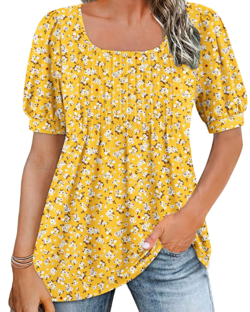 Olivia Women's Square Neck Tunic Top – Puff Sleeve Blouse with Pleated Front