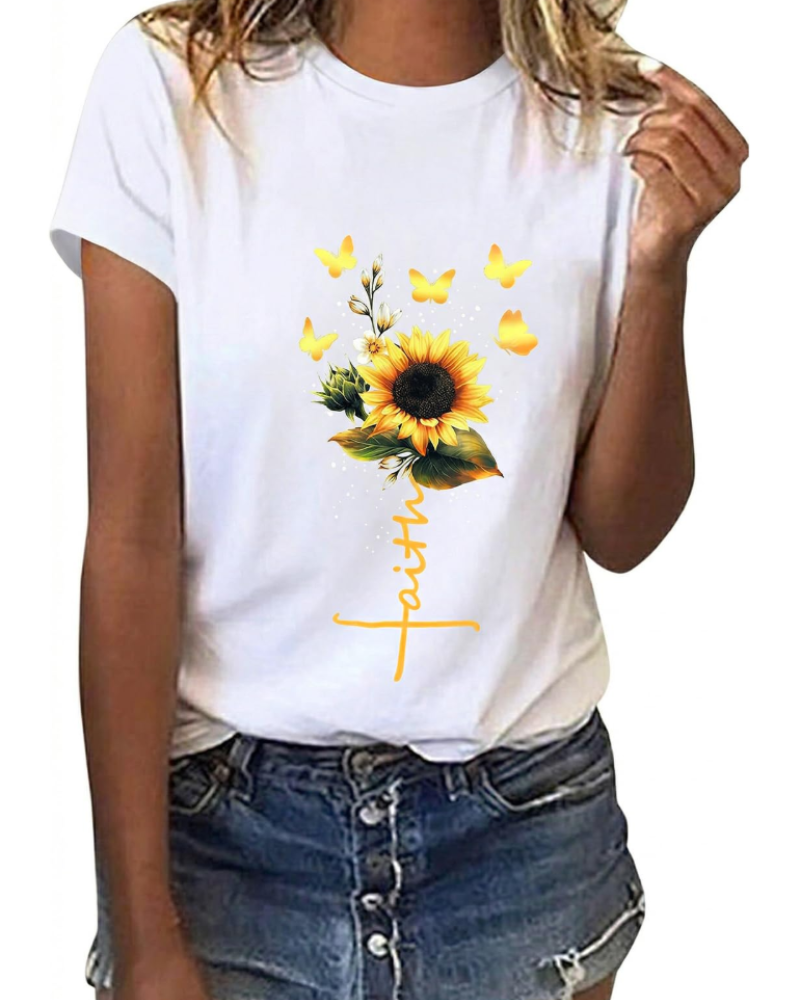Emily Women's Cotton Graphic T-Shirt – Sunflower Daisy Crew Neck Tee for Summer