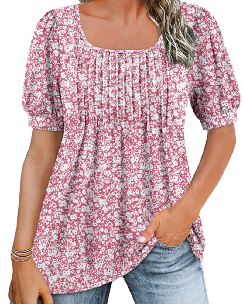 Olivia Women's Square Neck Tunic Top – Puff Sleeve Blouse with Pleated Front