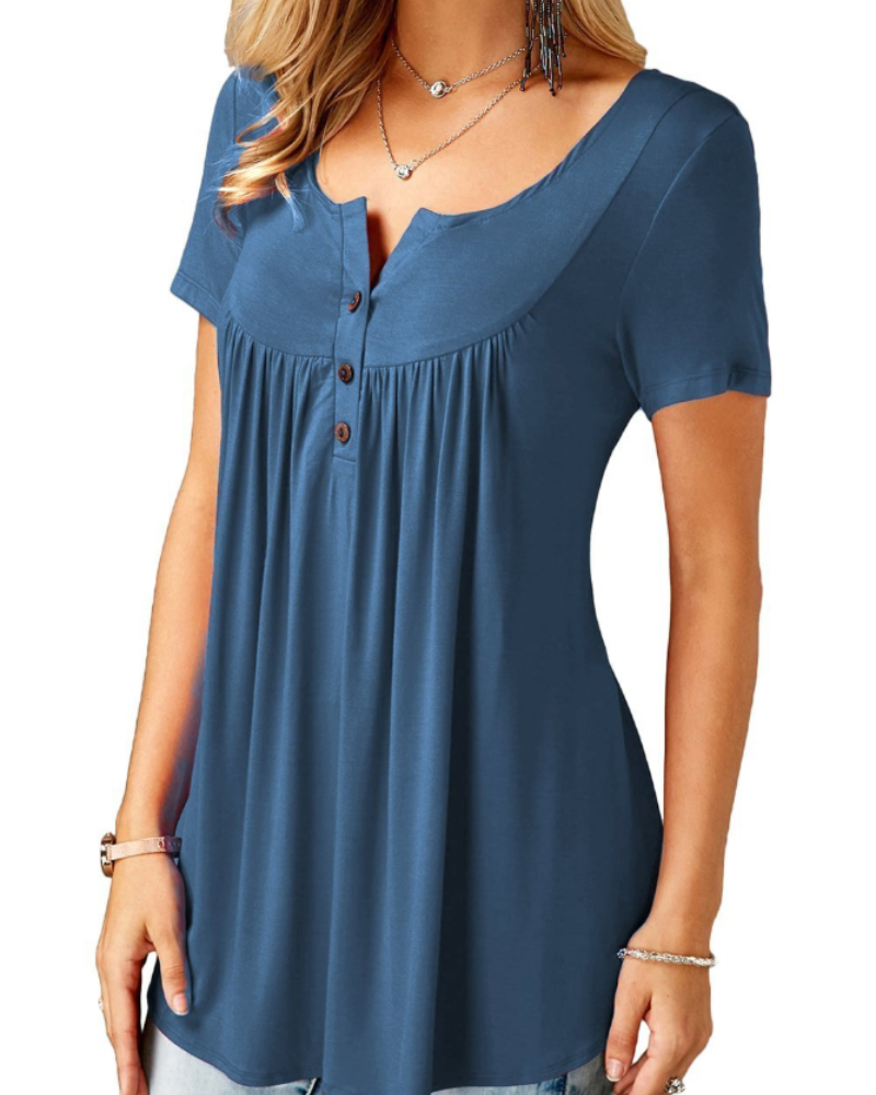 Sophia Women's V-Neck Tunic Top – Button Detail Short Sleeve Blouse for Work