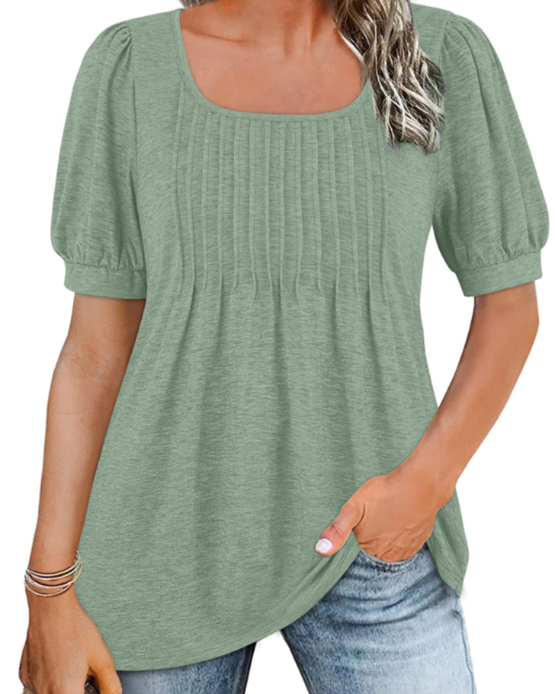 Olivia Women's Square Neck Tunic Top – Puff Sleeve Blouse with Pleated Front