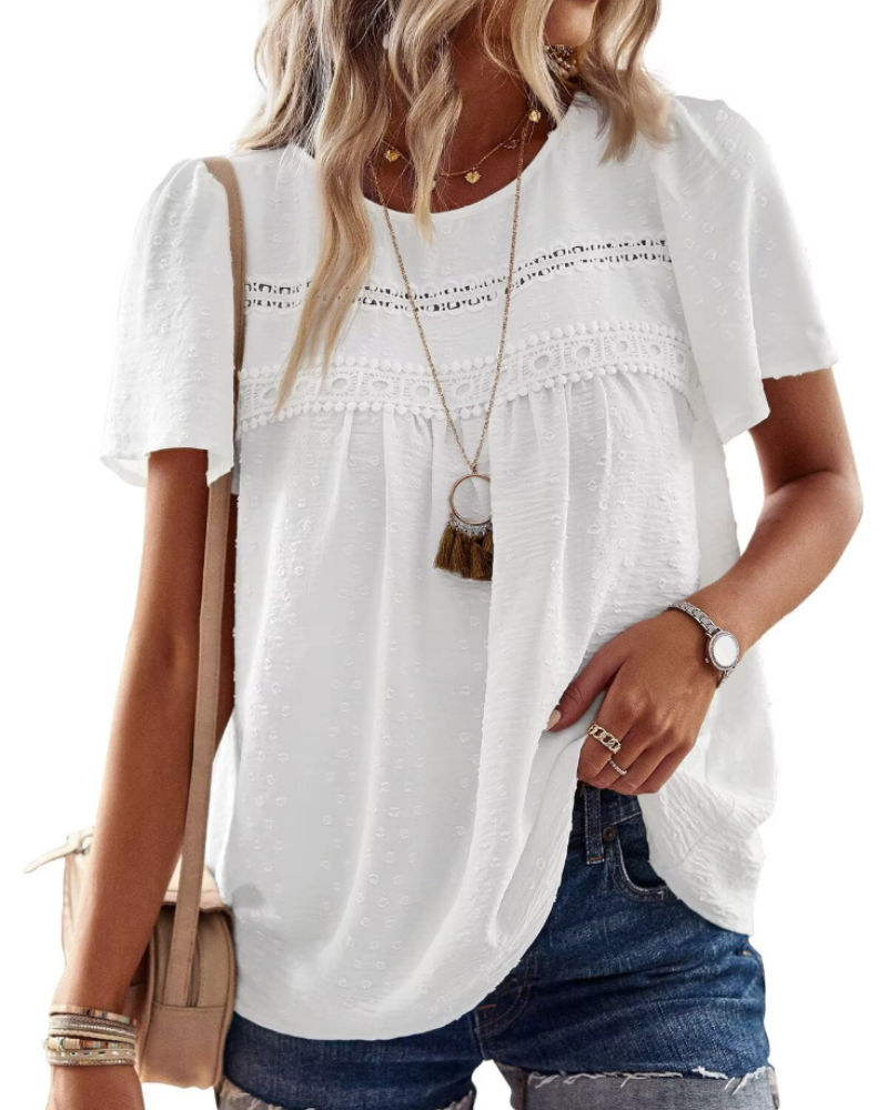 Grace Women's Boho Blouse – Lace Short Sleeve Tunic Top for Vacation and Summer