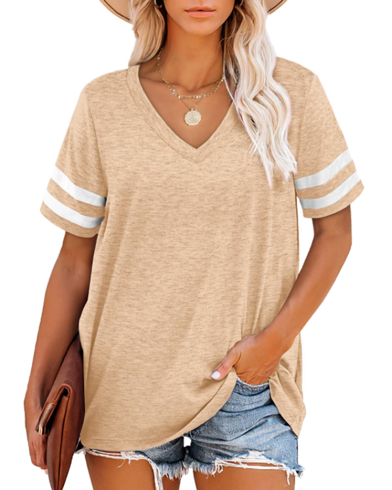 Chloe Women's V-Neck T-Shirt – Striped Short Sleeve Top for Casual Summer Wear
