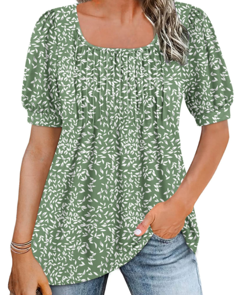Olivia Women's Square Neck Tunic Top – Puff Sleeve Blouse with Pleated Front