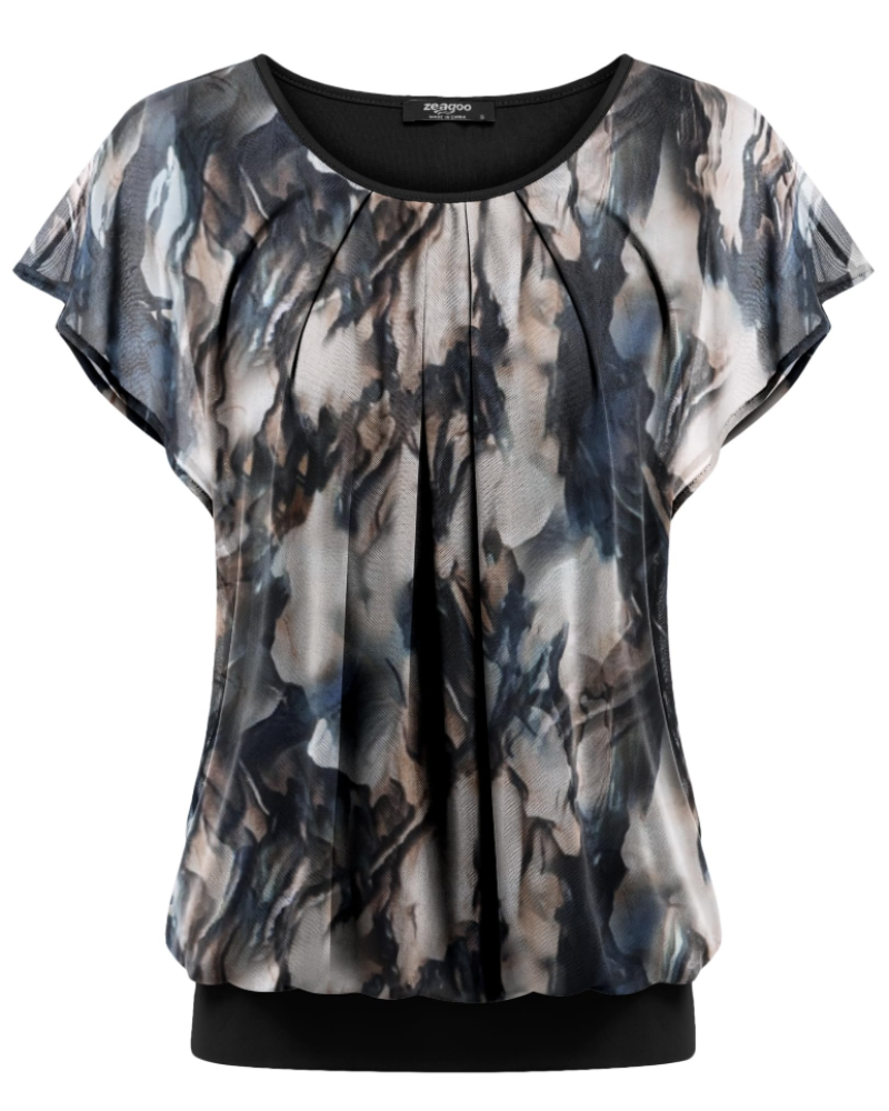 Sophia Women's Double Layer Blouse – Mesh Overlay Batwing Sleeve Tunic Top