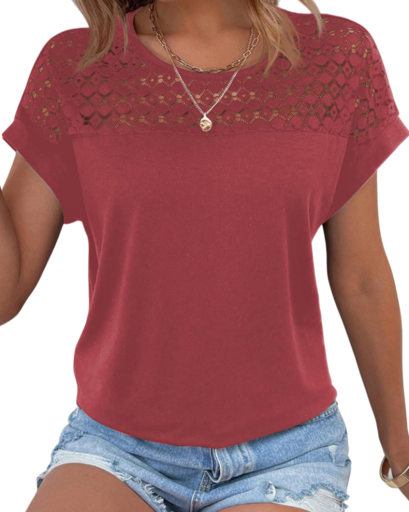 Emily Women's Lace T-Shirt – Short Sleeve Round Neck Top for Summer and Casual Wear