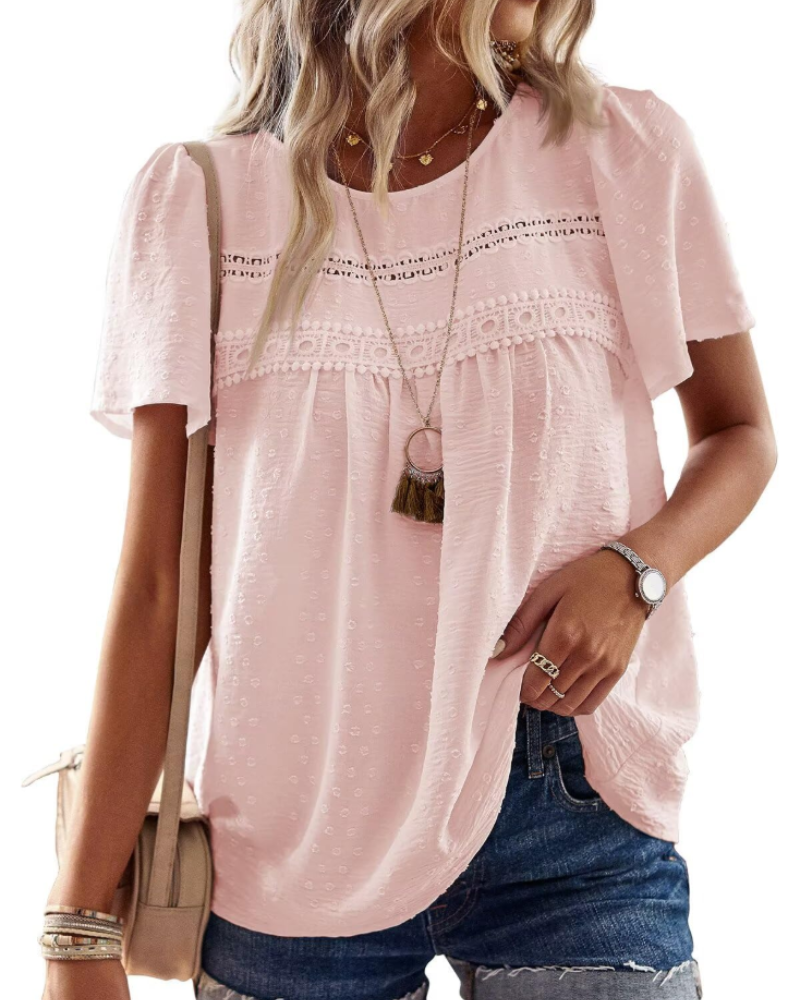 Grace Women's Boho Blouse – Lace Short Sleeve Tunic Top for Vacation and Summer