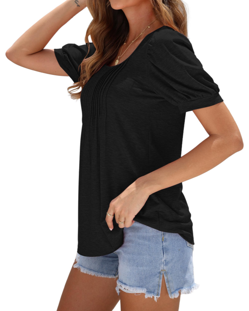 Olivia Women's Square Neck Tunic Top – Puff Sleeve Blouse with Pleated Front