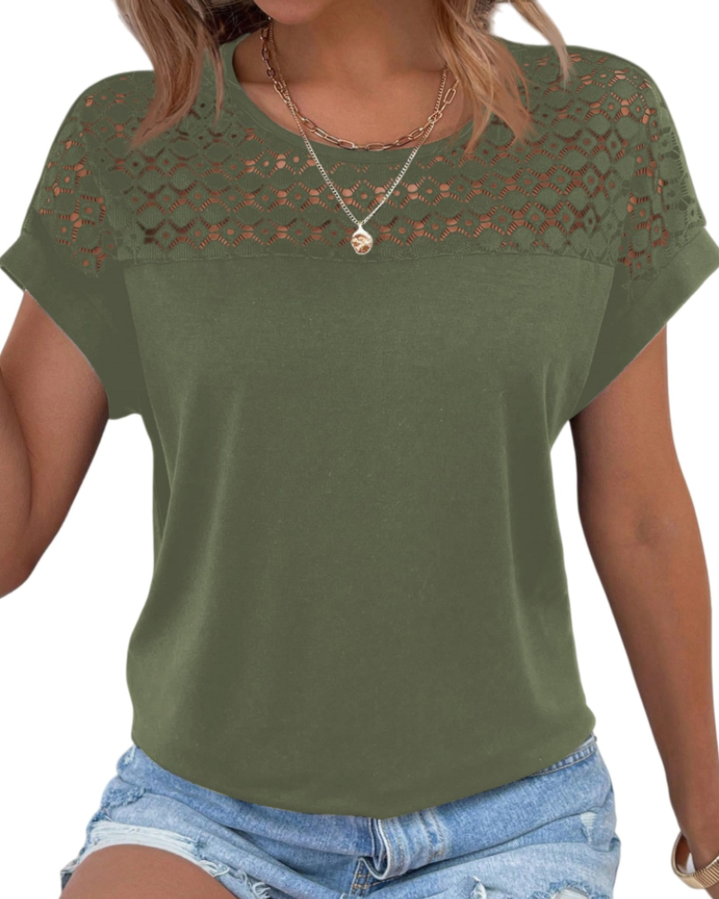 Emily Women's Lace T-Shirt – Short Sleeve Round Neck Top for Summer and Casual Wear