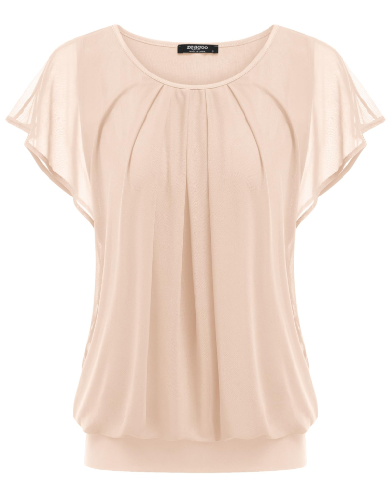 Sophia Women's Double Layer Blouse – Mesh Overlay Batwing Sleeve Tunic Top