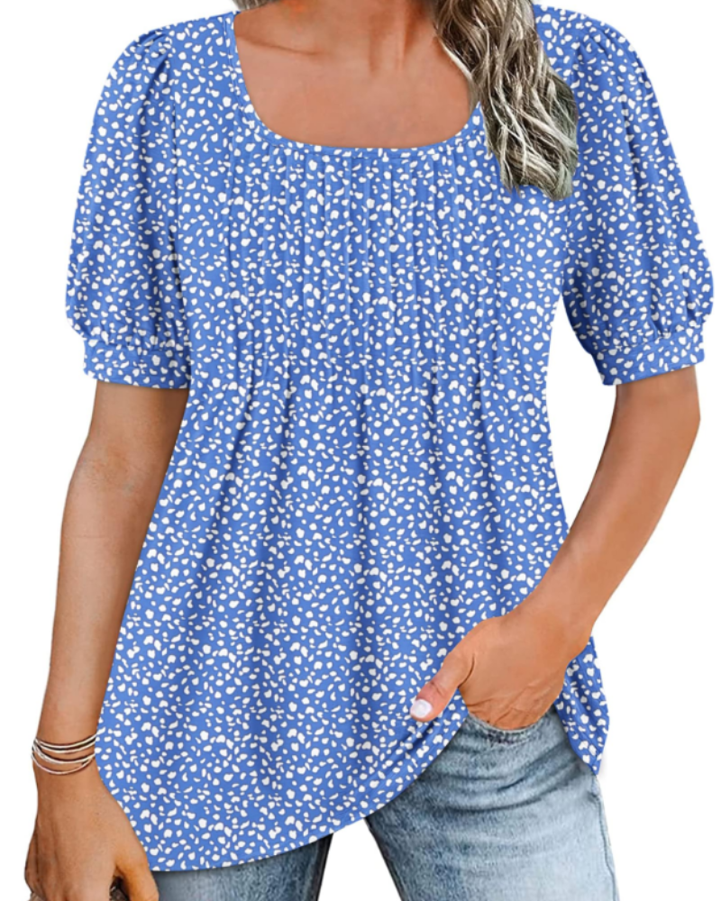 Olivia Women's Square Neck Tunic Top – Puff Sleeve Blouse with Pleated Front