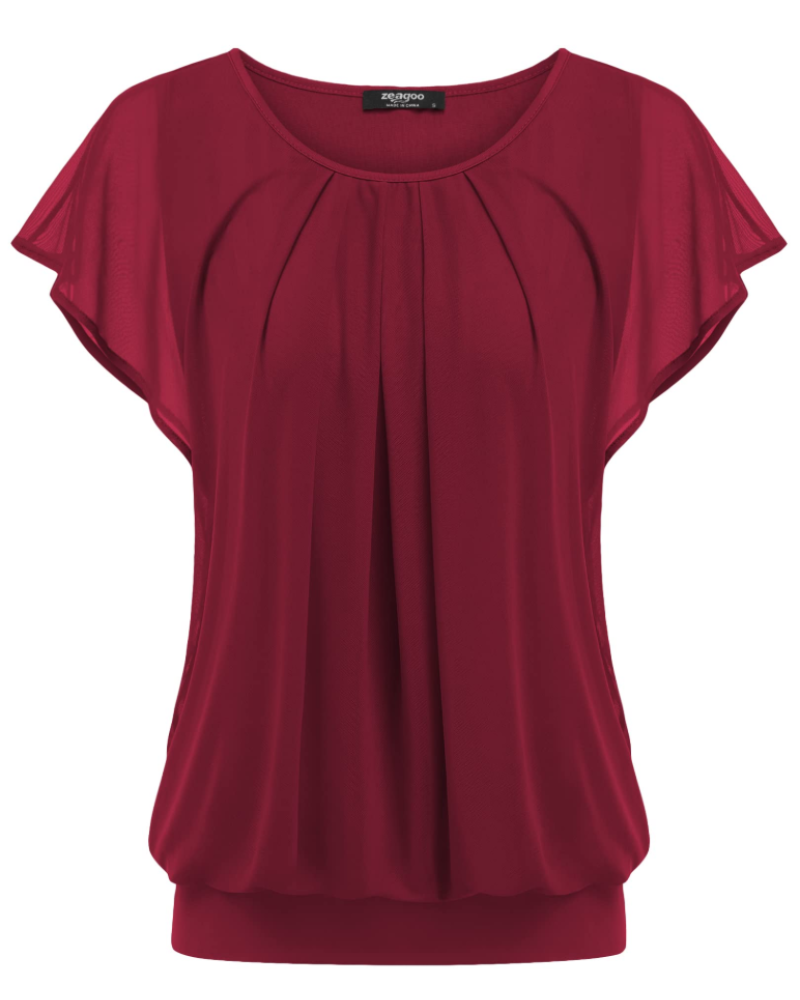 Sophia Women's Double Layer Blouse – Mesh Overlay Batwing Sleeve Tunic Top