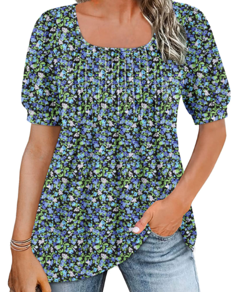 Olivia Women's Square Neck Tunic Top – Puff Sleeve Blouse with Pleated Front