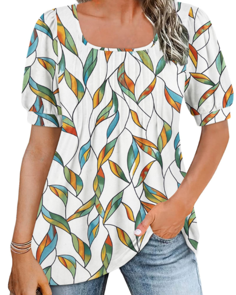 Olivia Women's Square Neck Tunic Top – Puff Sleeve Blouse with Pleated Front