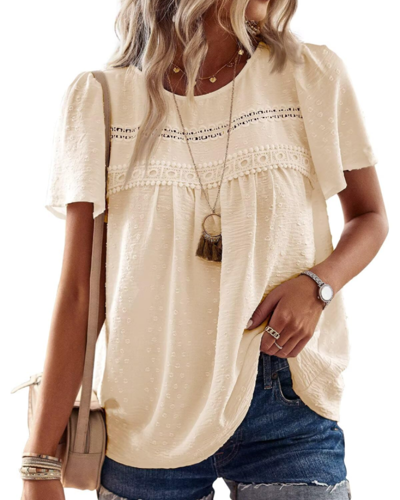 Grace Women's Boho Blouse – Lace Short Sleeve Tunic Top for Vacation and Summer