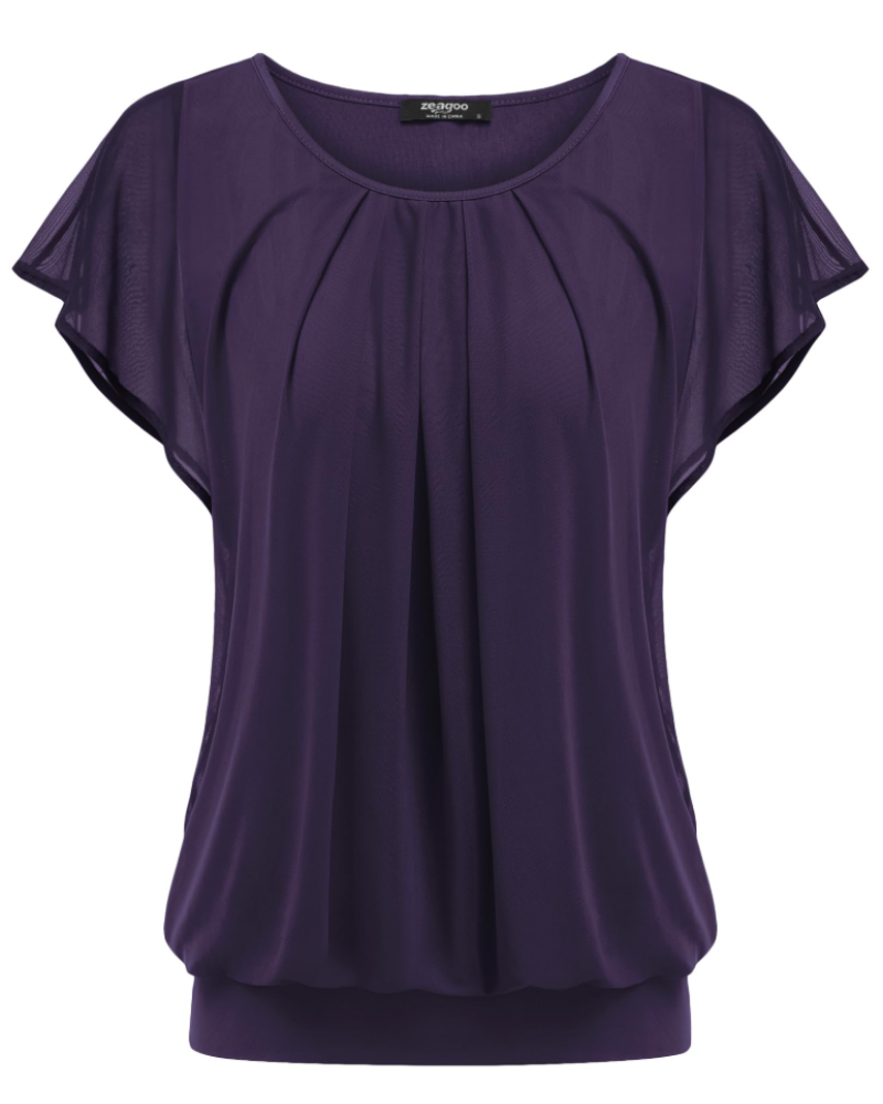 Sophia Women's Double Layer Blouse – Mesh Overlay Batwing Sleeve Tunic Top