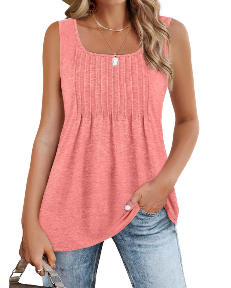 Grace Women's Square Neck Tank Top – Sleeveless Pleated Blouse for Summer Wear