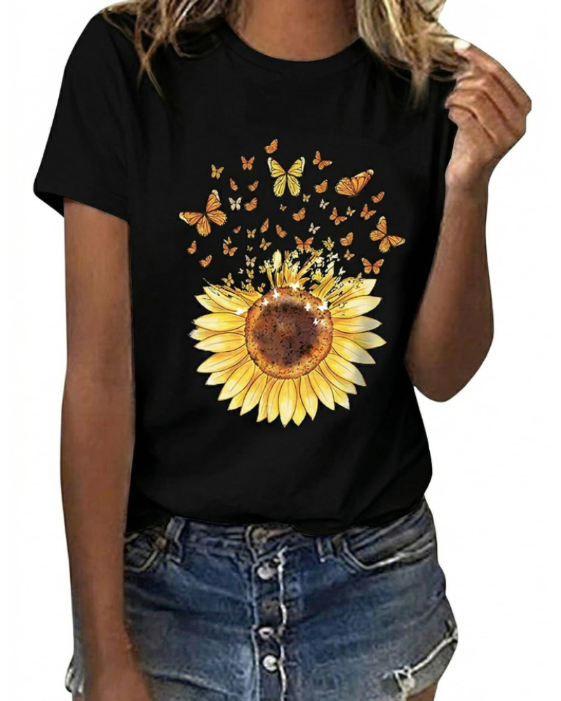 Emily Women's Cotton Graphic T-Shirt – Sunflower Daisy Crew Neck Tee for Summer