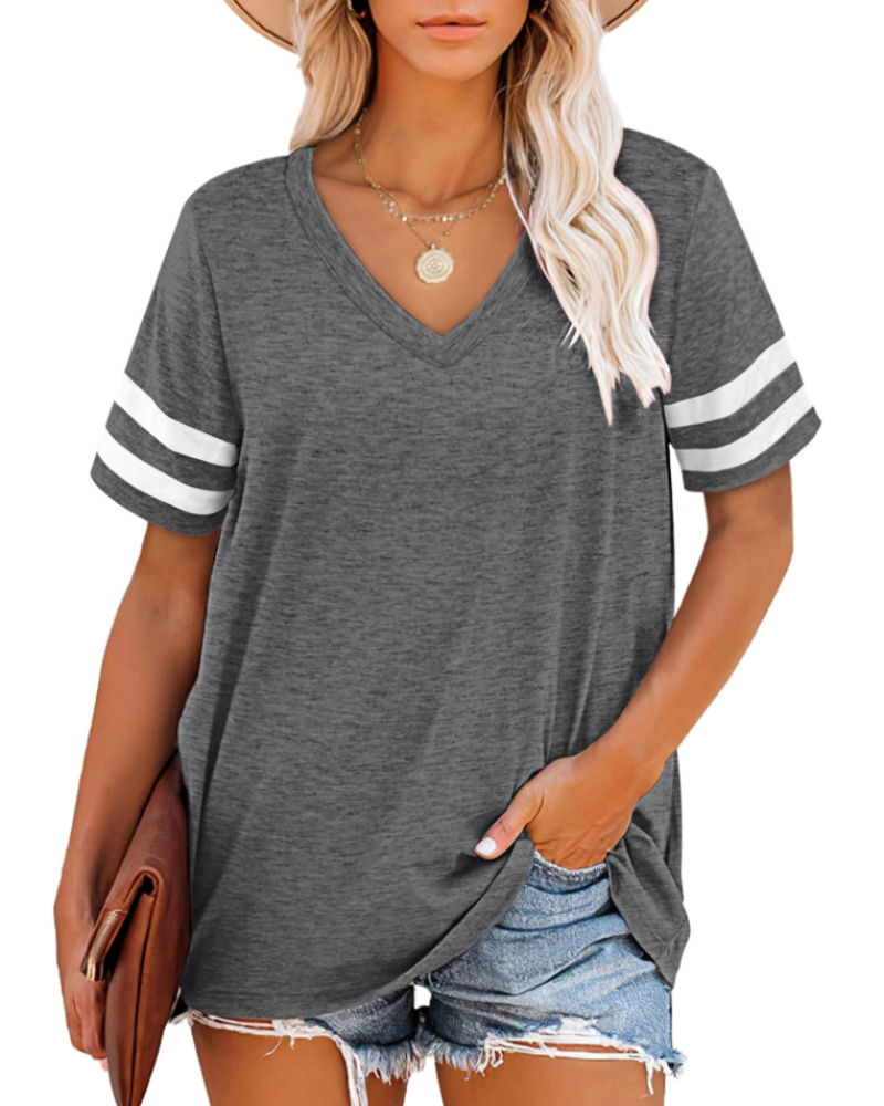 Chloe Women's V-Neck T-Shirt – Striped Short Sleeve Top for Casual Summer Wear