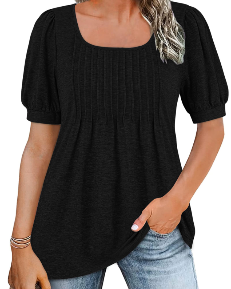 Olivia Women's Square Neck Tunic Top – Puff Sleeve Blouse with Pleated Front