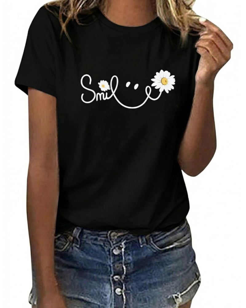 Emily Women's Cotton Graphic T-Shirt – Sunflower Daisy Crew Neck Tee for Summer