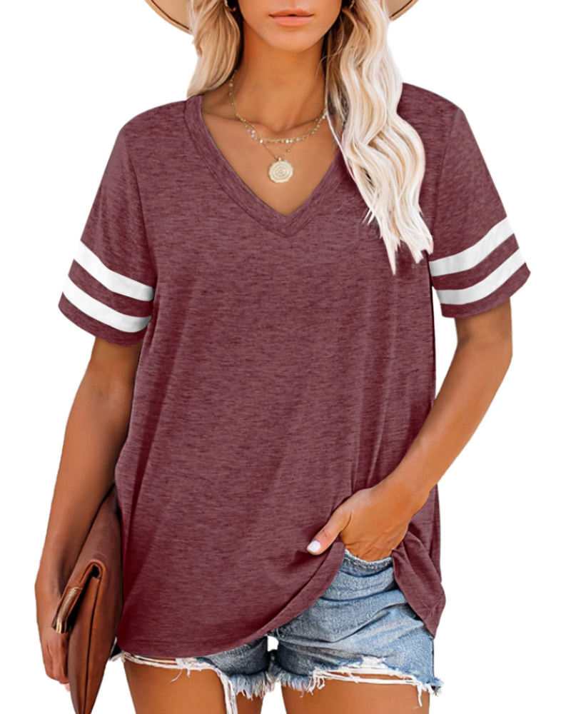 Chloe Women's V-Neck T-Shirt – Striped Short Sleeve Top for Casual Summer Wear