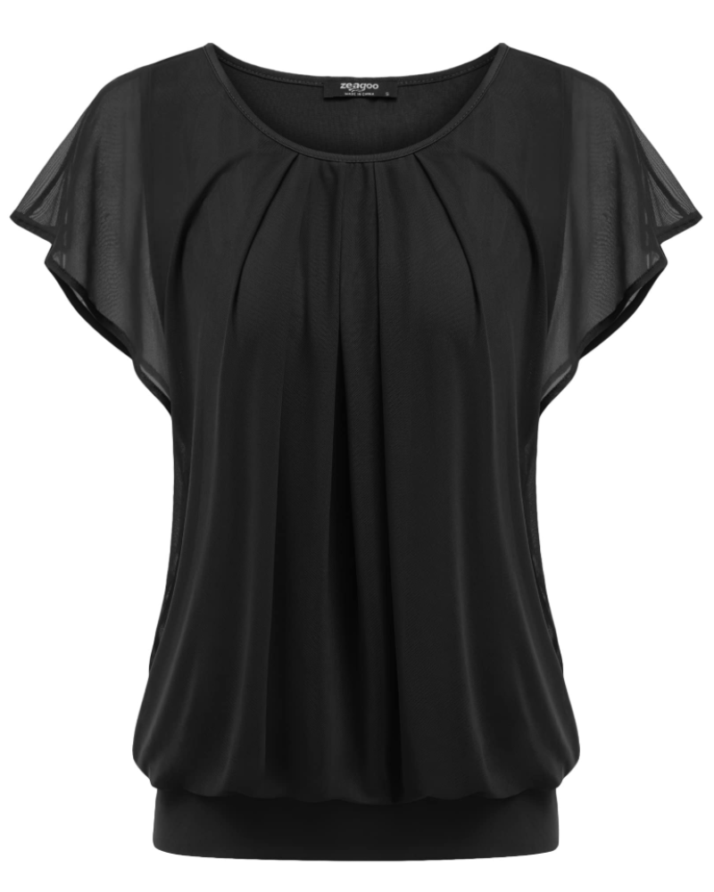 Sophia Women's Double Layer Blouse – Mesh Overlay Batwing Sleeve Tunic Top
