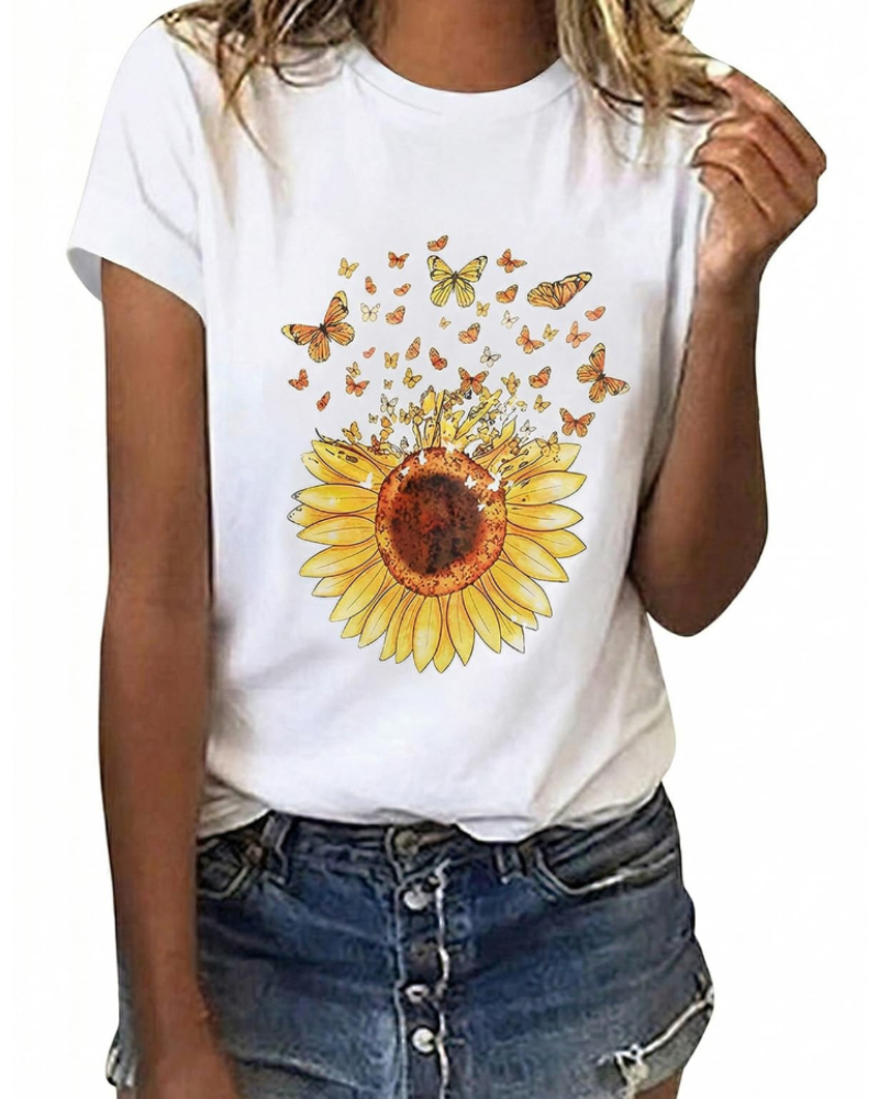 Emily Women's Cotton Graphic T-Shirt – Sunflower Daisy Crew Neck Tee for Summer