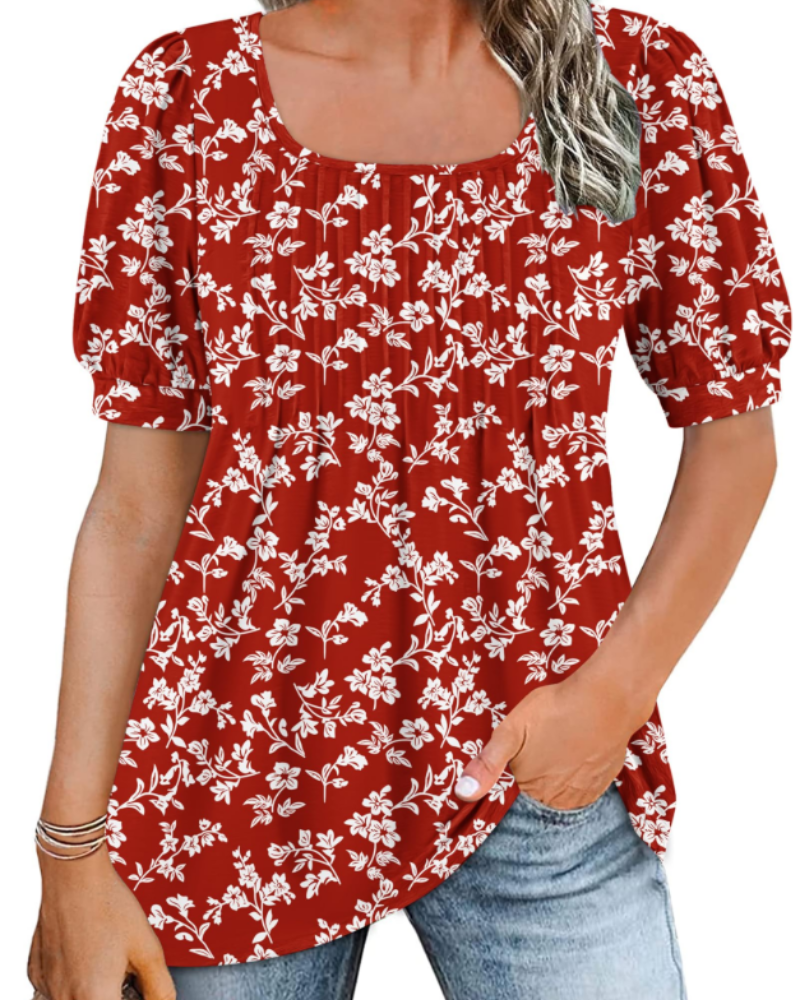 Olivia Women's Square Neck Tunic Top – Puff Sleeve Blouse with Pleated Front