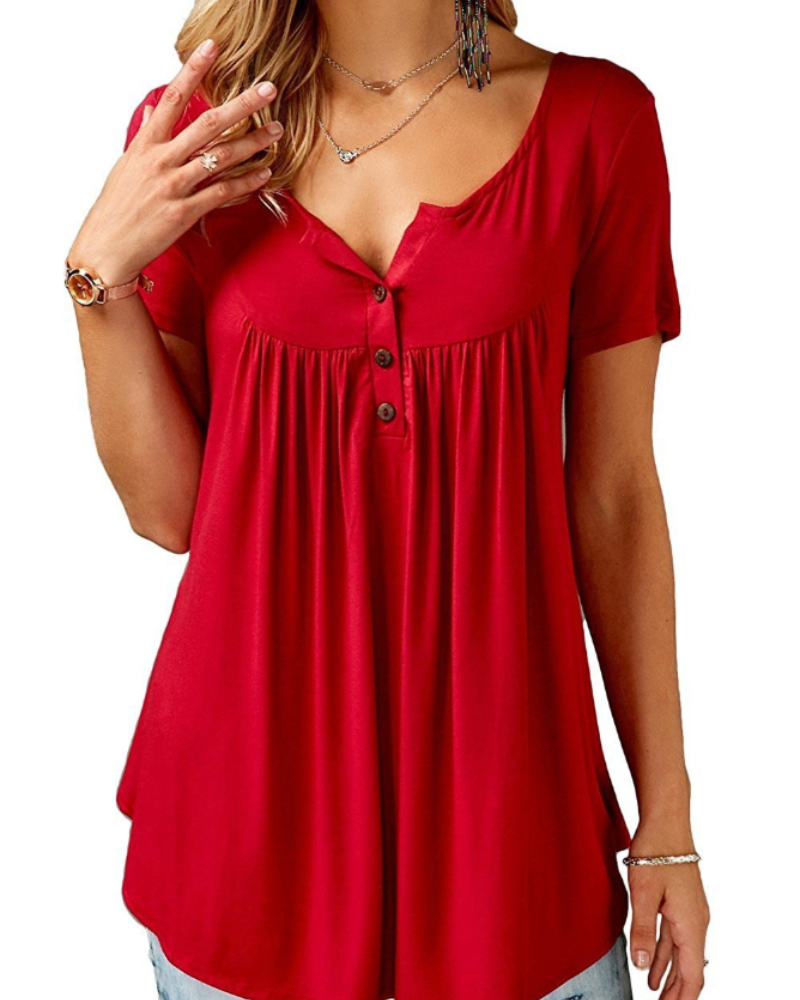 Sophia Women's V-Neck Tunic Top – Button Detail Short Sleeve Blouse for Work