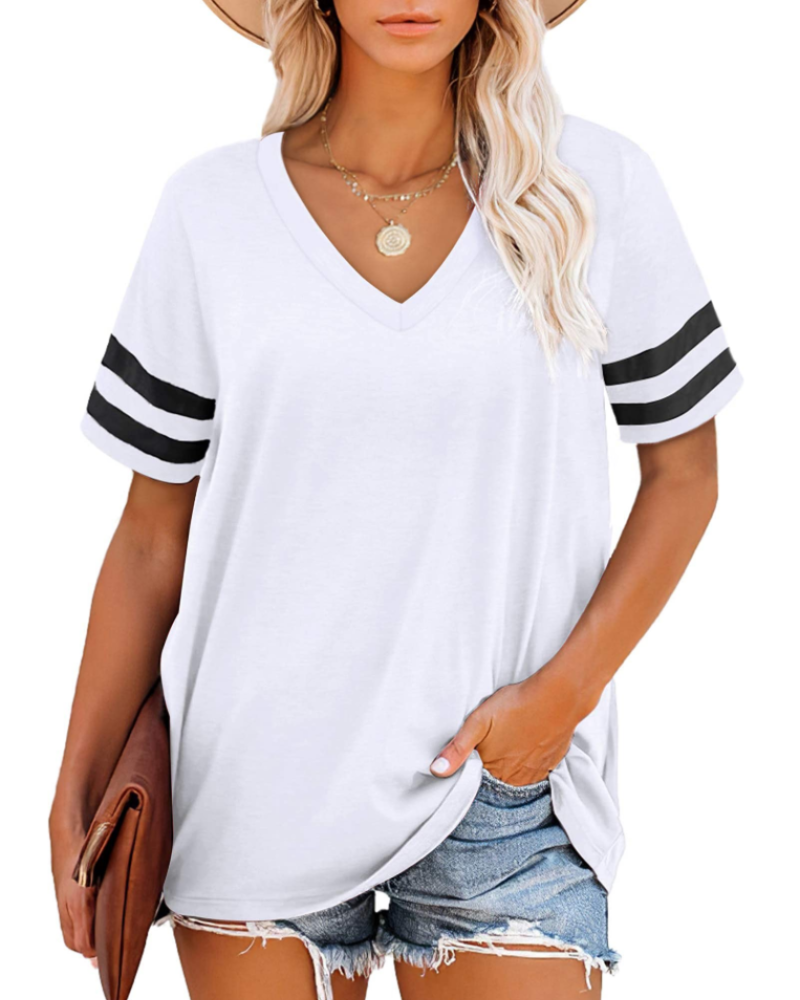 Chloe Women's V-Neck T-Shirt – Striped Short Sleeve Top for Casual Summer Wear