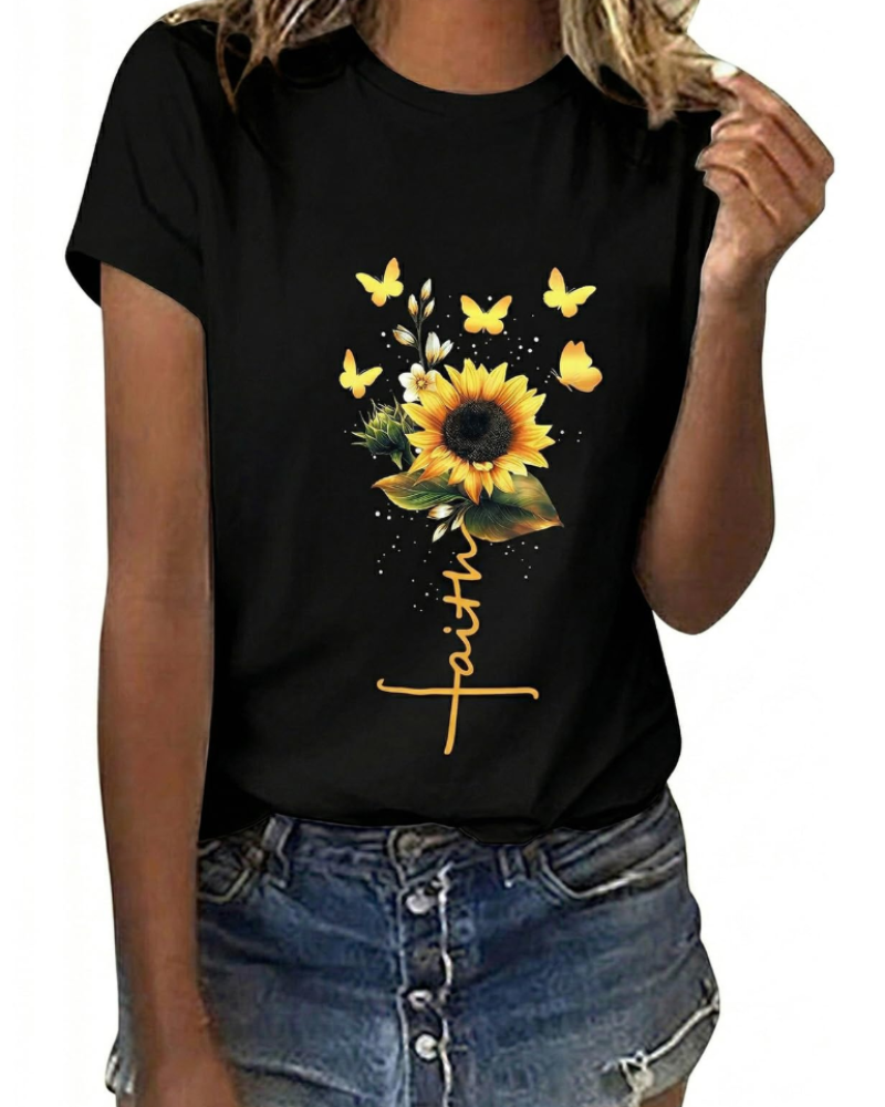 Emily Women's Cotton Graphic T-Shirt – Sunflower Daisy Crew Neck Tee for Summer