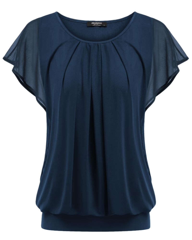 Sophia Women's Double Layer Blouse – Mesh Overlay Batwing Sleeve Tunic Top