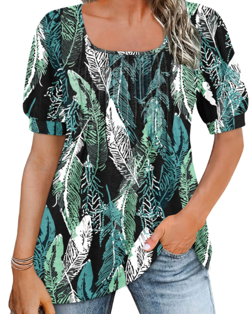 Olivia Women's Square Neck Tunic Top – Puff Sleeve Blouse with Pleated Front