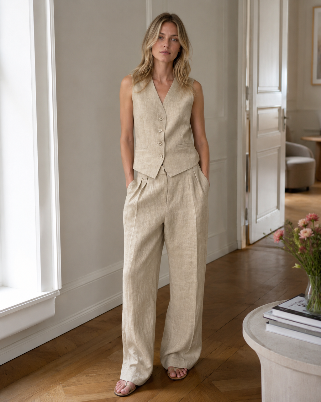 Freya Women’s Linen Set – Sleeveless Vest & Wide Leg Summer Co-Ord Outfit
