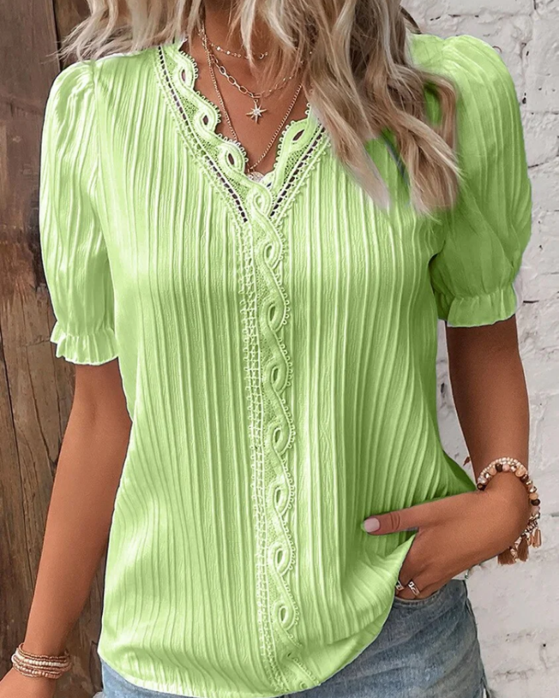 Emily Women's Lace Blouse – V-Neck Ribbed Top with Short Puff Sleeves
