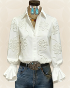 Hannah Women's Embroidered Blouse – Floral Button-Up Shirt with Ruffle Cuffs