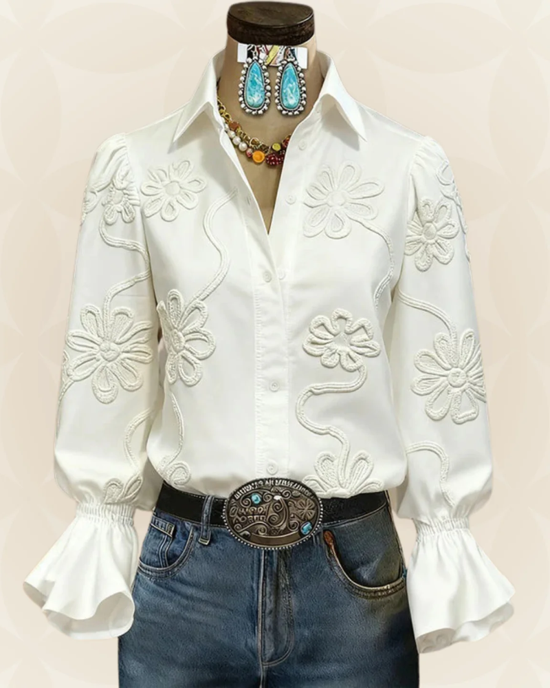Hannah Women's Embroidered Blouse – Floral Button-Up Shirt with Ruffle Cuffs
