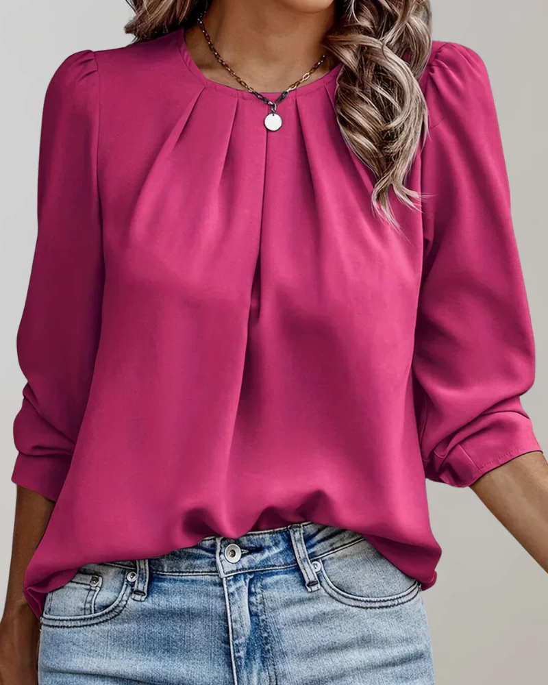 Layla Women's Chiffon Blouse – Round Neck Long Sleeve Top with Pleated Front