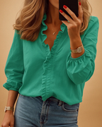 Audrey Women's Ruffle Blouse – V-Neck Puff Sleeve Top for Office & Dinner Outfits
