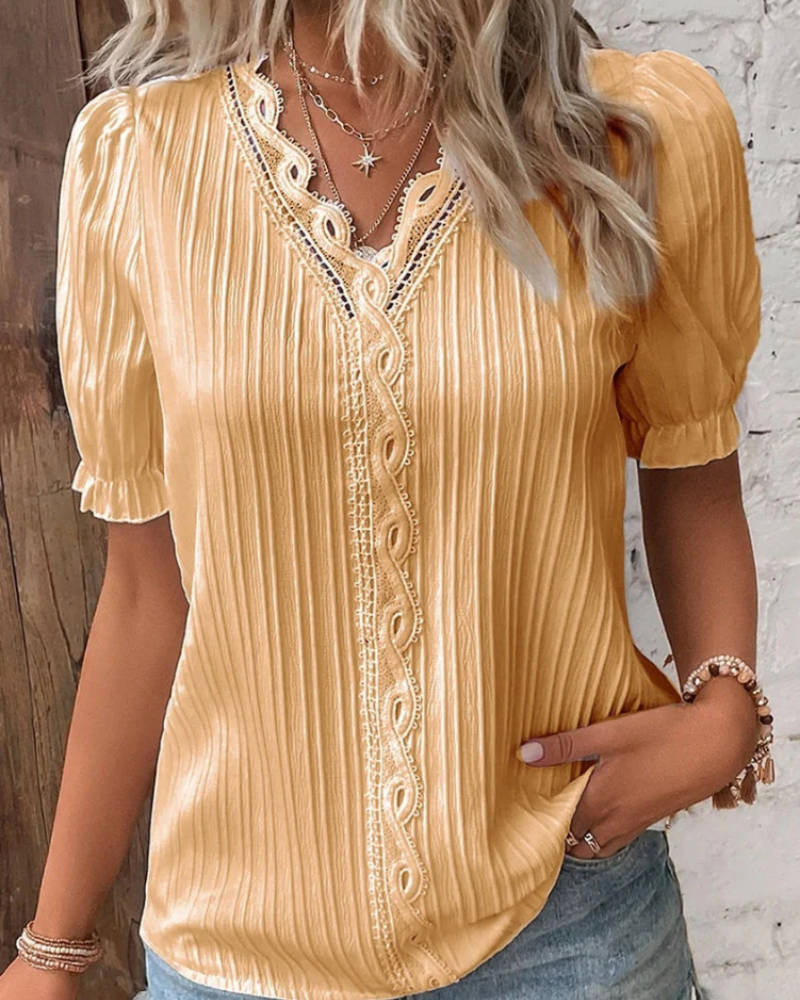 Emily Women's Lace Blouse – V-Neck Ribbed Top with Short Puff Sleeves