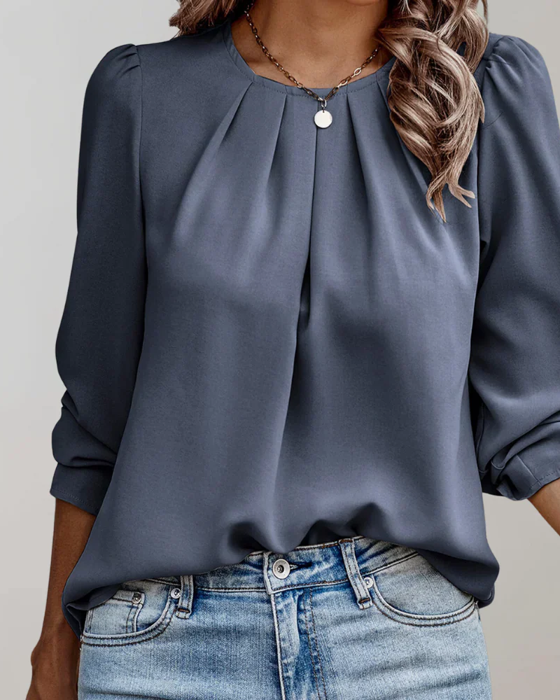 Layla Women's Chiffon Blouse – Round Neck Long Sleeve Top with Pleated Front