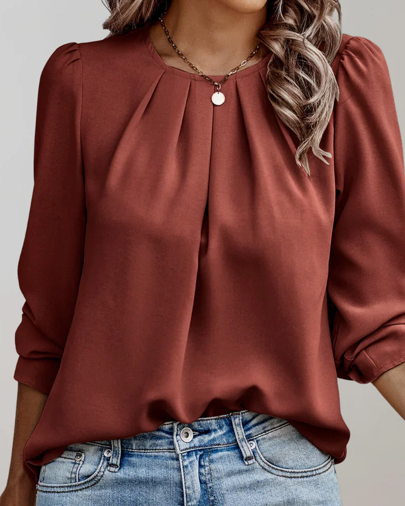 Layla Women's Chiffon Blouse – Round Neck Long Sleeve Top with Pleated Front