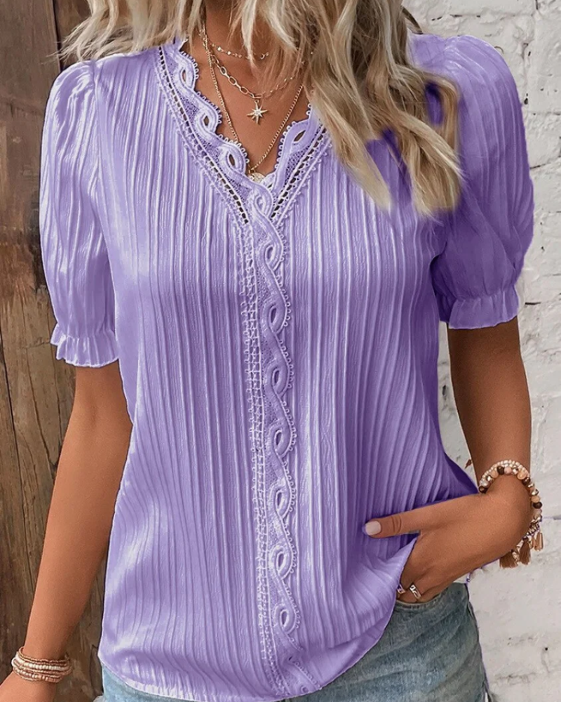 Emily Women's Lace Blouse – V-Neck Ribbed Top with Short Puff Sleeves