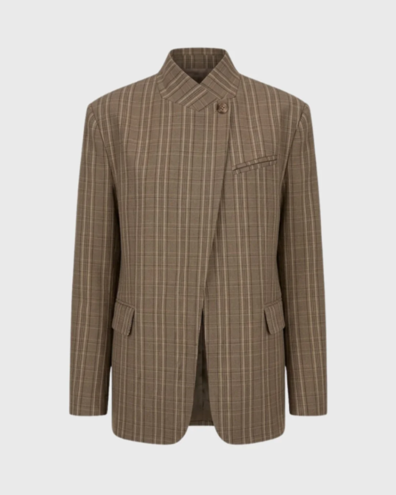 Amara Women’s Plaid Blazer – Oversized Jacket with Stand Collar & Asymmetric Closure