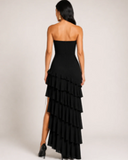 Mallory Women's Strapless Maxi Dress – Black Ruffled Gown with Asymmetric Hem