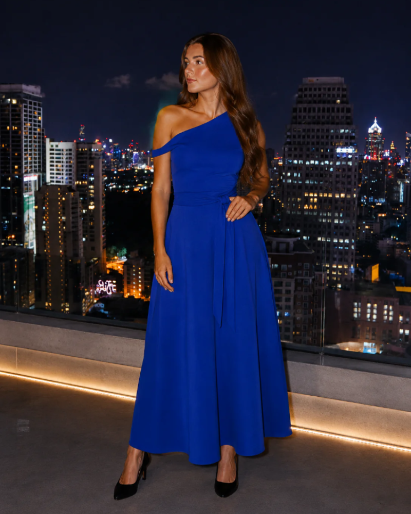 Vanessa Women's One-Shoulder Maxi Dress – Waist Belt & Flowing A-Line Skirt